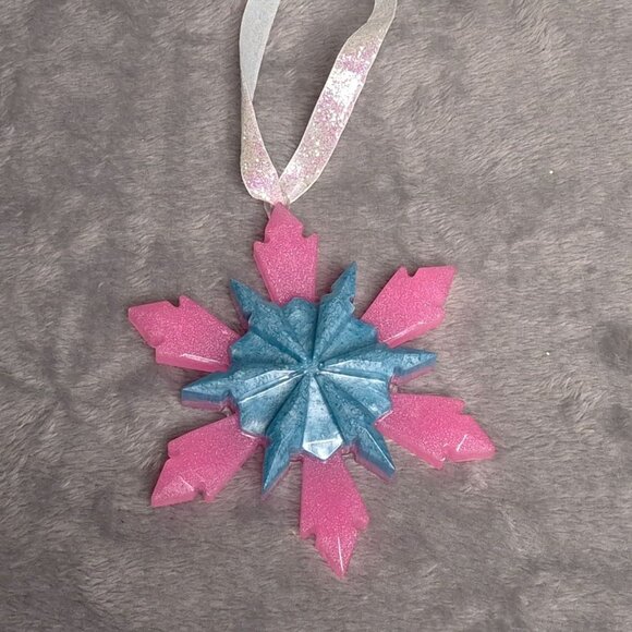 Handmade Snowflake Ornaments 4 in Pink & Blue Resin Glitter Ribbon Hangers - Picture 4 of 4